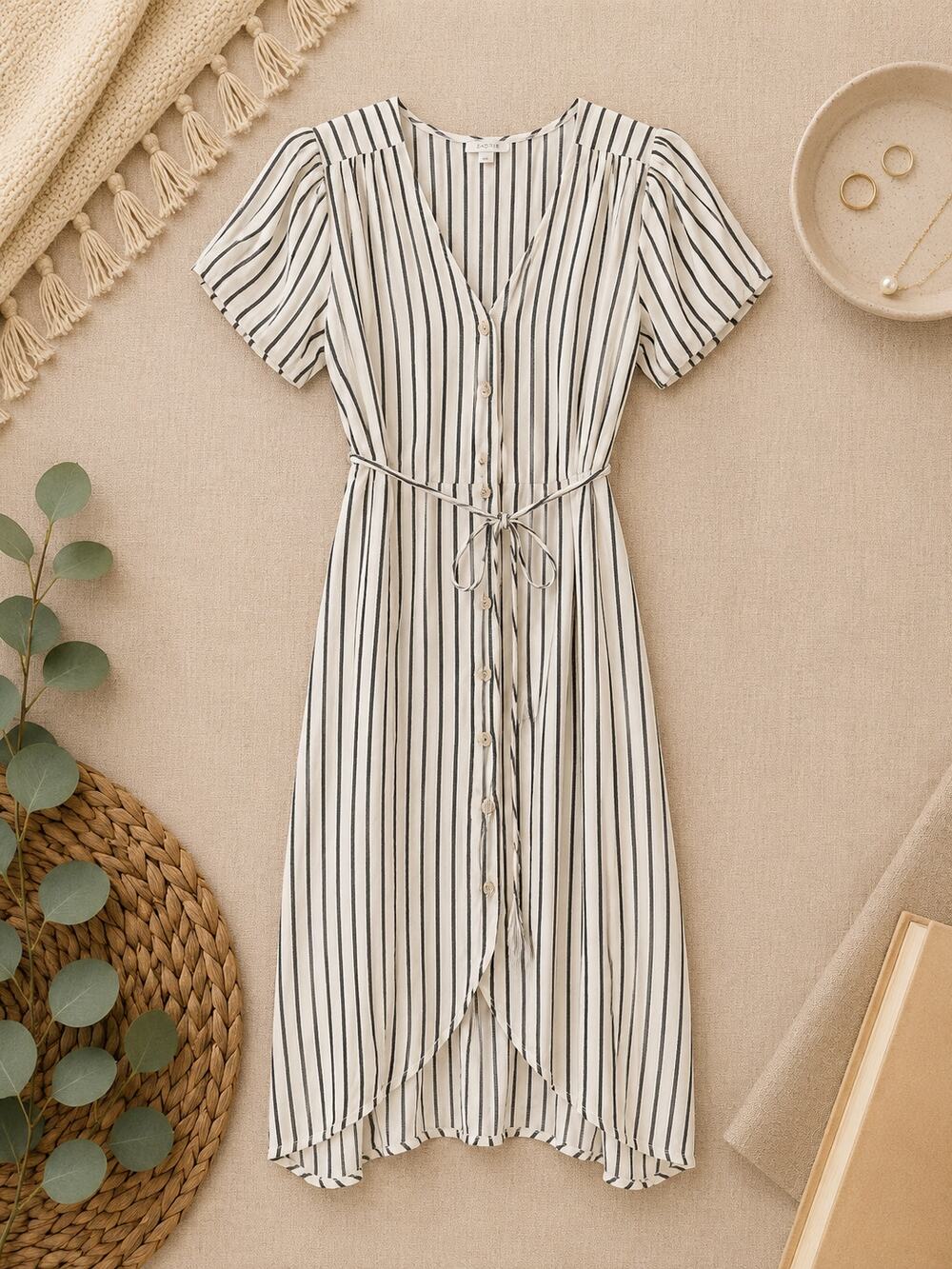 GAP True Wrap Midi Dress Cream Navy Stripe Short Sleeve Coastal French Girl SZ M